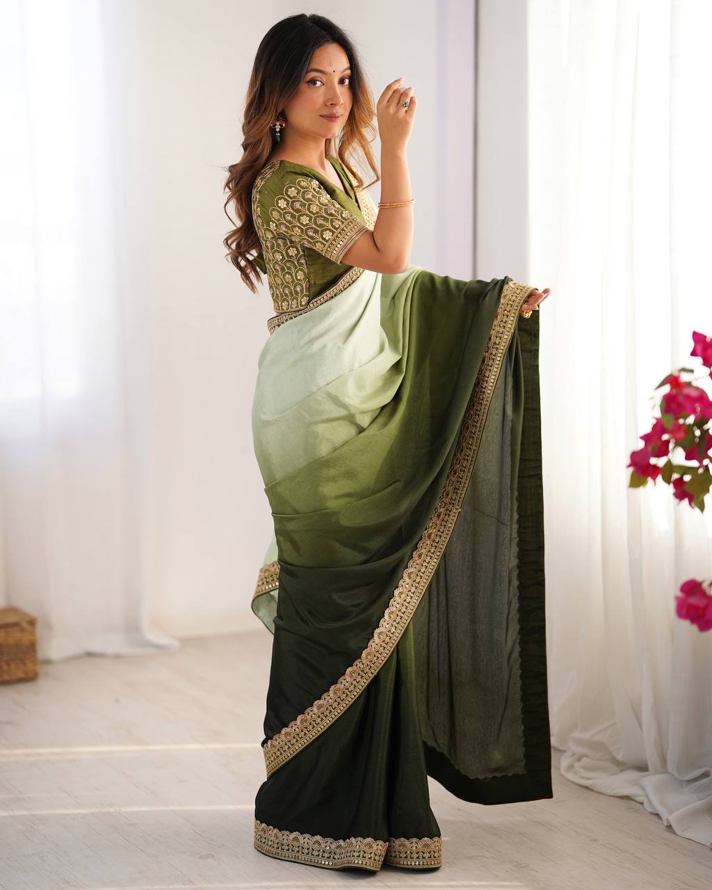 Women's Elegant Ombre Green Georgette Saree with Intricate Golden Zari & Stone Embellishments – Complete with Heavily Worked Blouse for Festive & Wedding Wear - Image 27