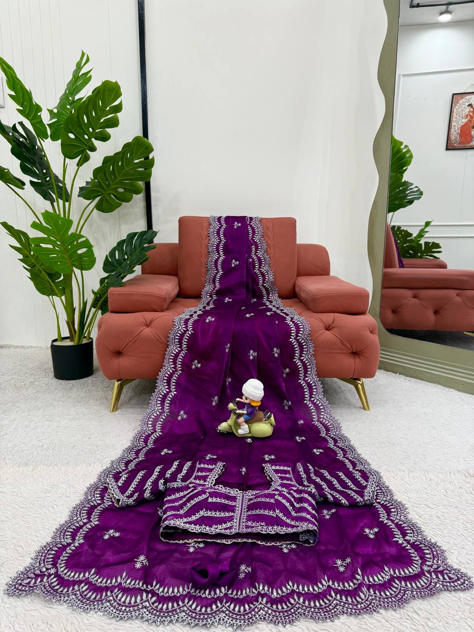 Women's Elegant Regal Purple Georgette Saree with Intricate Silver Thread & Sequin Embroidery β Complete with Embellished Blouse Piece for Festive & Party Wear - Image 7